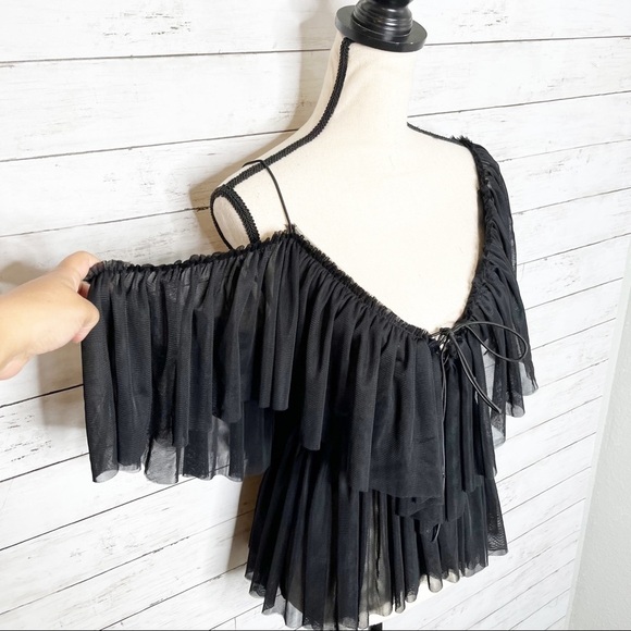 Black Off the Shoulder Lace Up Tulle Layered Blouse Size Small - Picture 4 of 8